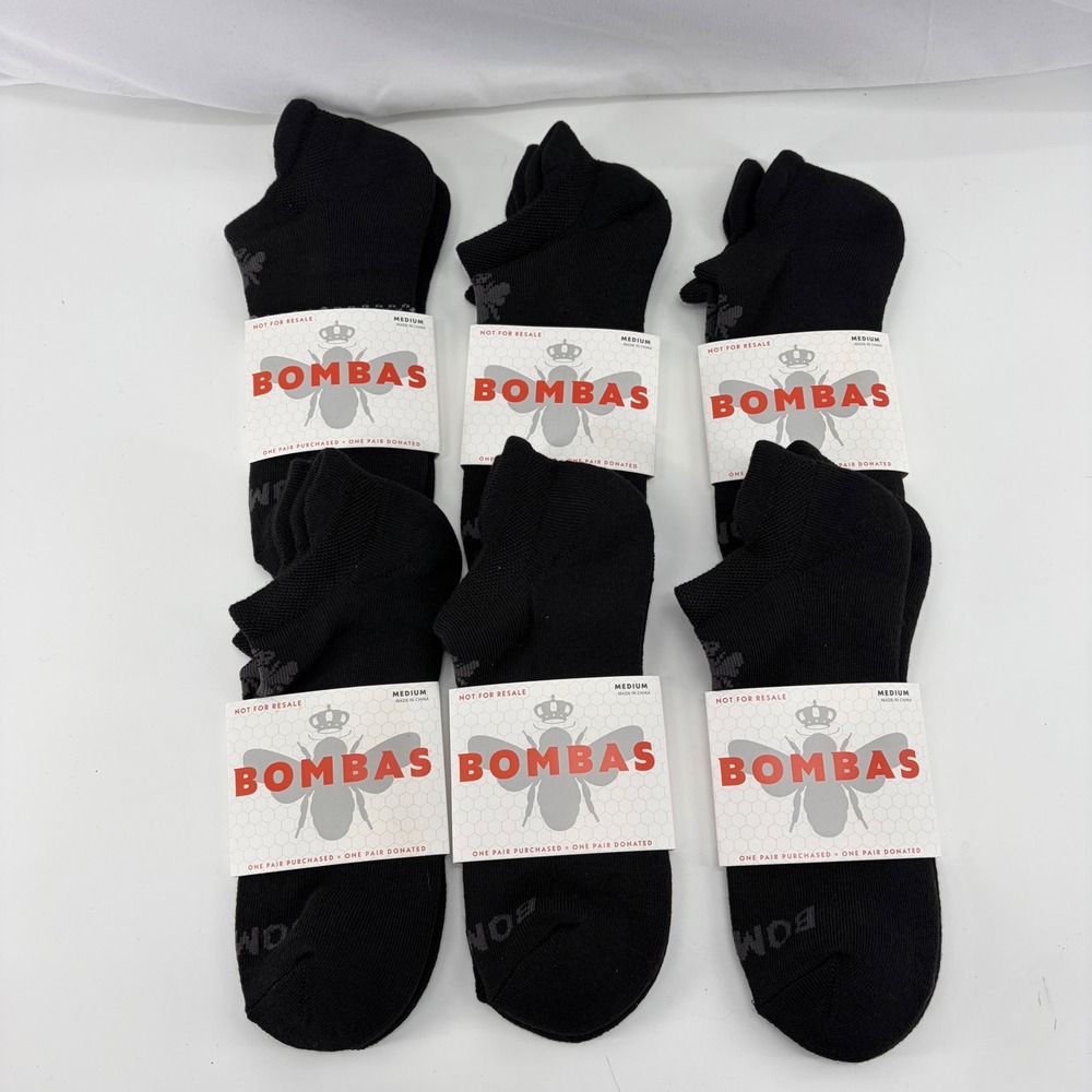 Bombas 6 Pack Black Ankle Socks Honeycomb Arch Support Medium NEW